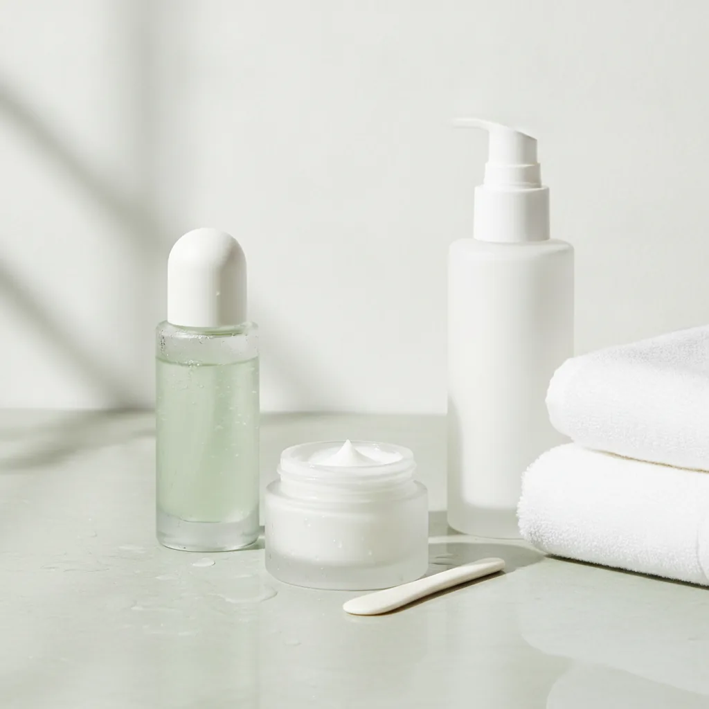 Clean clinical-luxe skincare aesthetic, serene and refined mood,