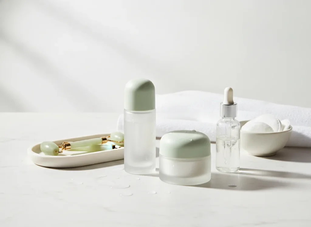 Clean clinical-luxe skincare aesthetic, serene and refined mood,