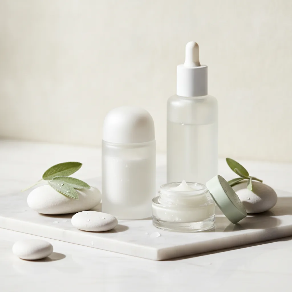 Clean clinical-luxe skincare aesthetic, serene and refined mood,