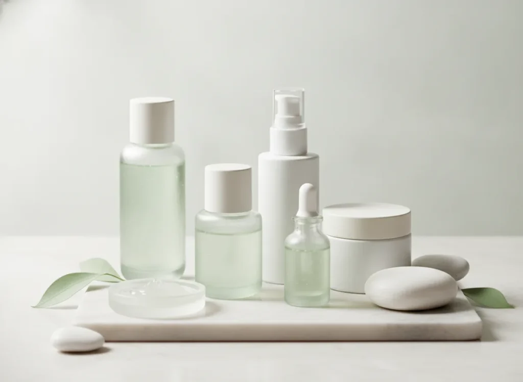 Clean clinical-luxe skincare aesthetic, serene and refined mood,