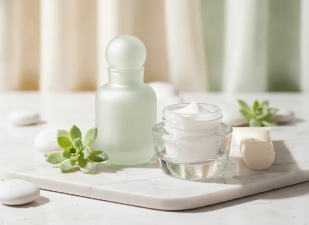 Clean clinical-luxe skincare aesthetic, serene and refined mood,