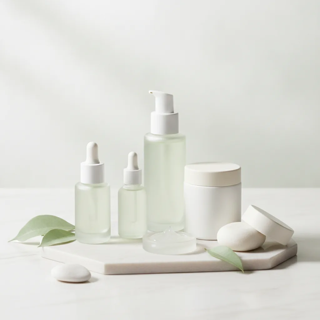 Clean clinical-luxe skincare aesthetic, serene and refined mood,