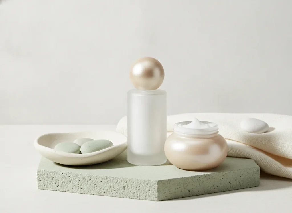 Clean clinical-luxury skincare aesthetic, serene and trustworthy mood,