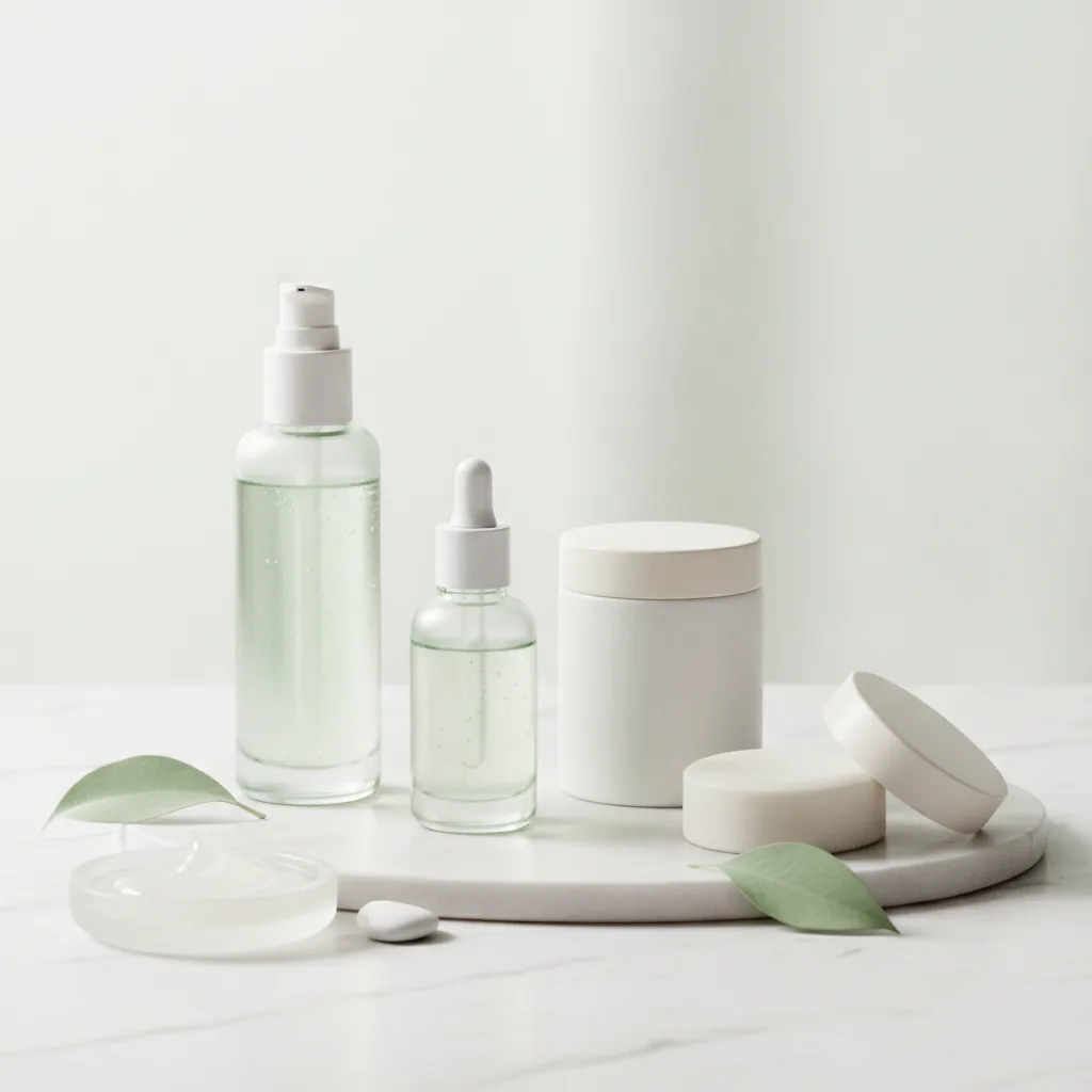 Clean clinical-luxe skincare aesthetic, serene and refined mood,
