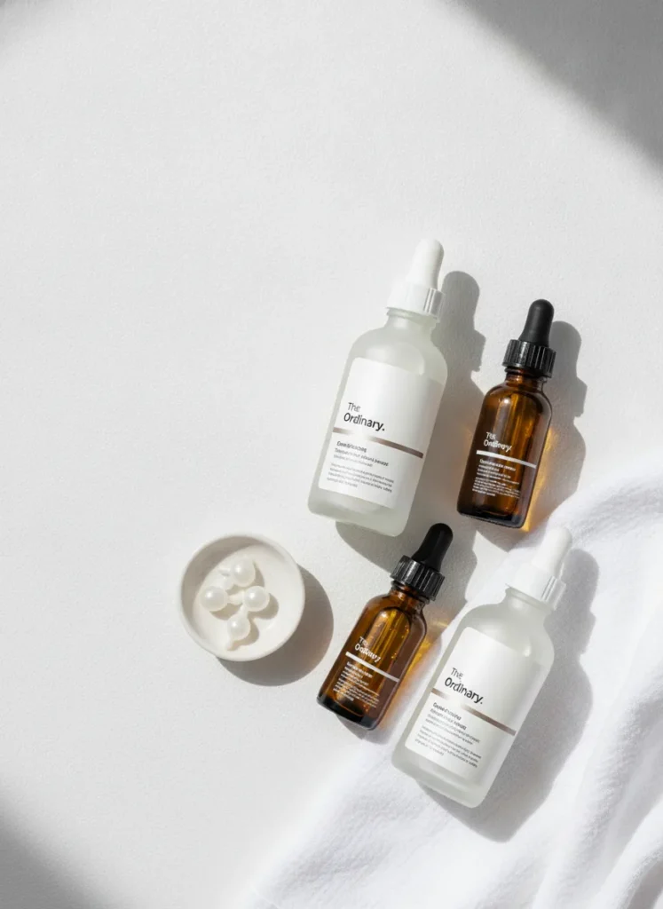 bright minimal skincare flat lay with The Ordinary